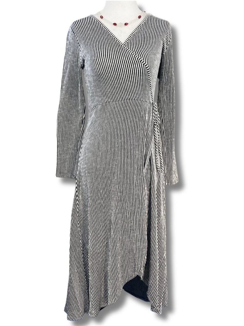 CAUTION TO THE WIND Black and white striped faux wrap a-line dress goth XS SMALL
